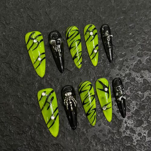 1. Handmade Neon Green & Skull Press On Nails