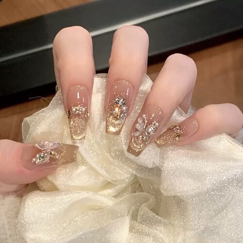 Bridal Nude Gold Glitter Diamond Flower Press On Nails