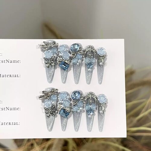 Blue Rose Butterfly Rhinestone Press On Nails