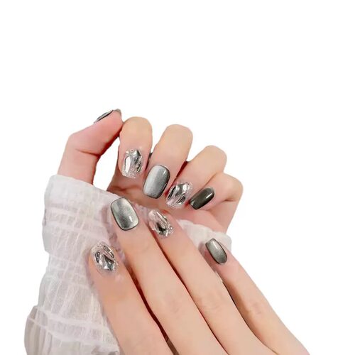 Silver Cat Eye Big Rhinestone Short Square Press On Nails