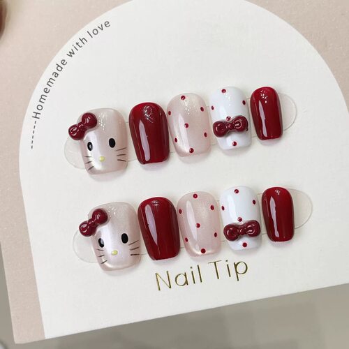 Hello Kitty Red Bow Short Square Press On Nails