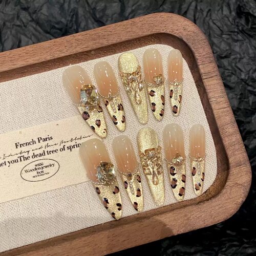 Handmade Gold Leopard Butterfly Rhinestone Nails