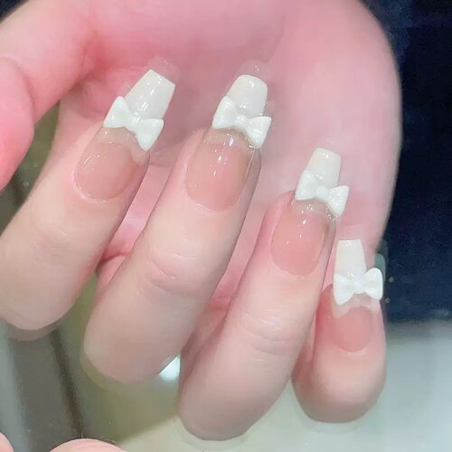 White French 3D Bow Kawaii Press On Nails