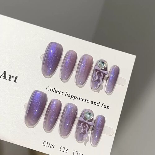 Purple Cat Eye Bow Heart Rhinestone Press On Nails