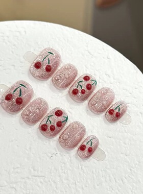 Pink Glitter 3D Cherry Short Press On Nails