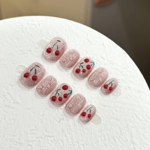 Pink Glitter 3D Cherry Short Press On Nails