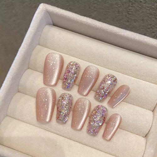 Pink Gold Glitter Cat Eye Press On Nails