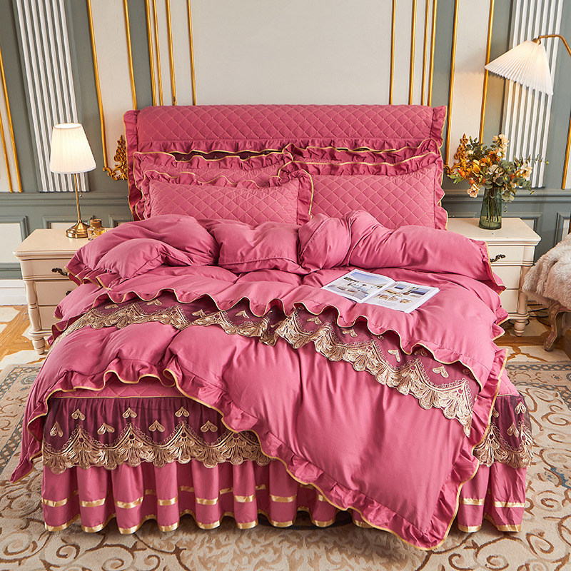 秋冬夹棉床裙床罩四件套床上用品卡通花卉加厚加棉床群床套4件套