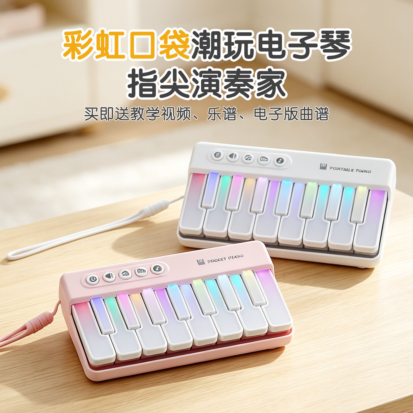 儿童彩虹灯光口袋钢琴口袋音乐键盘迷你电子琴可弹奏便携宝宝玩具