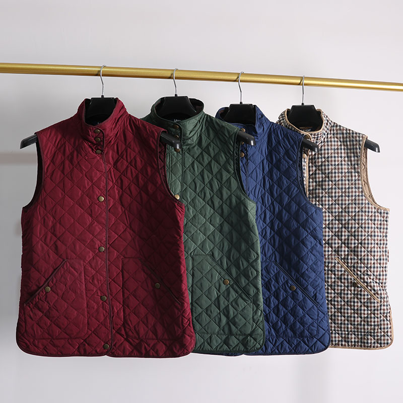 立领单排扣菱形格棉马甲女