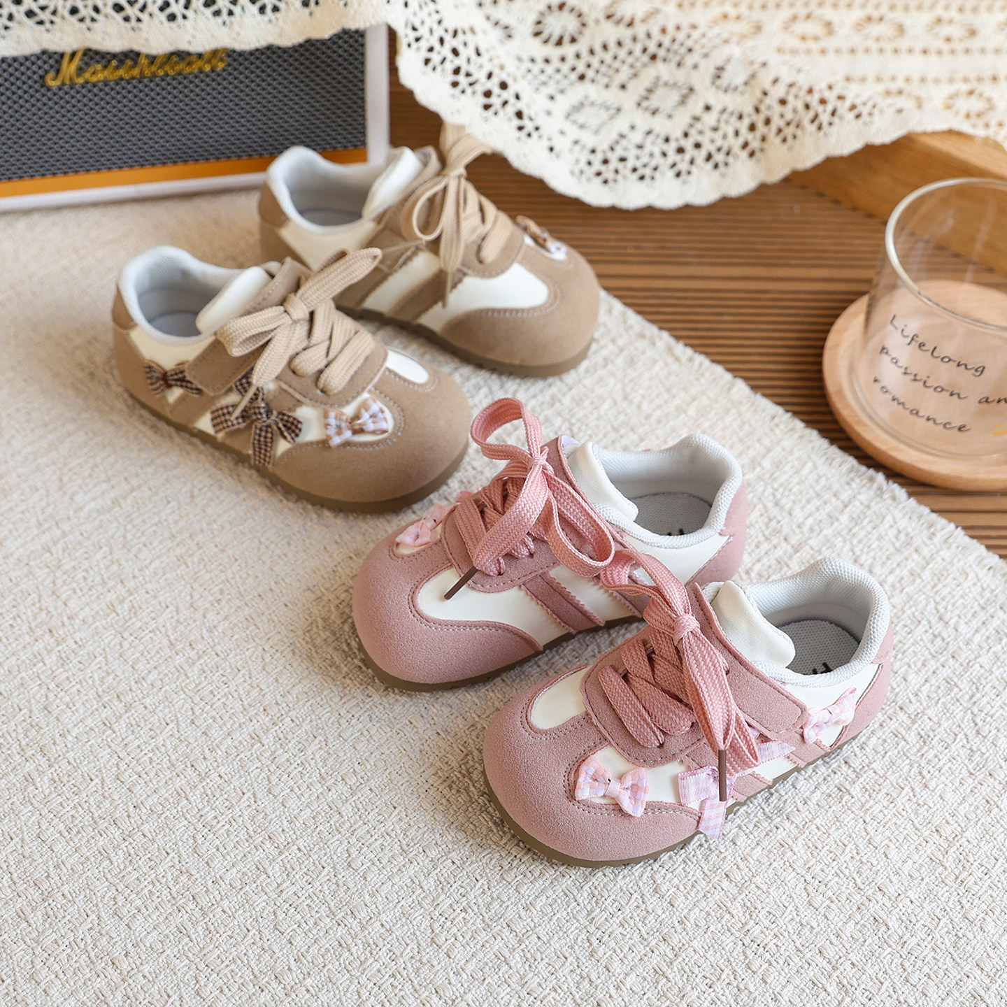 2026甜美风蝴蝶结装饰女童德训鞋运动鞋春秋季新款百搭学步鞋粉色