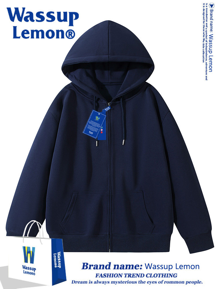 WASSUP LEMON 후드 가디건 남성용 및 여성용 오버 사이즈 스웨트 솔리드 컬러 트렌디 브랜드 플러스 벨벳 두꺼운 캐주얼 자켓