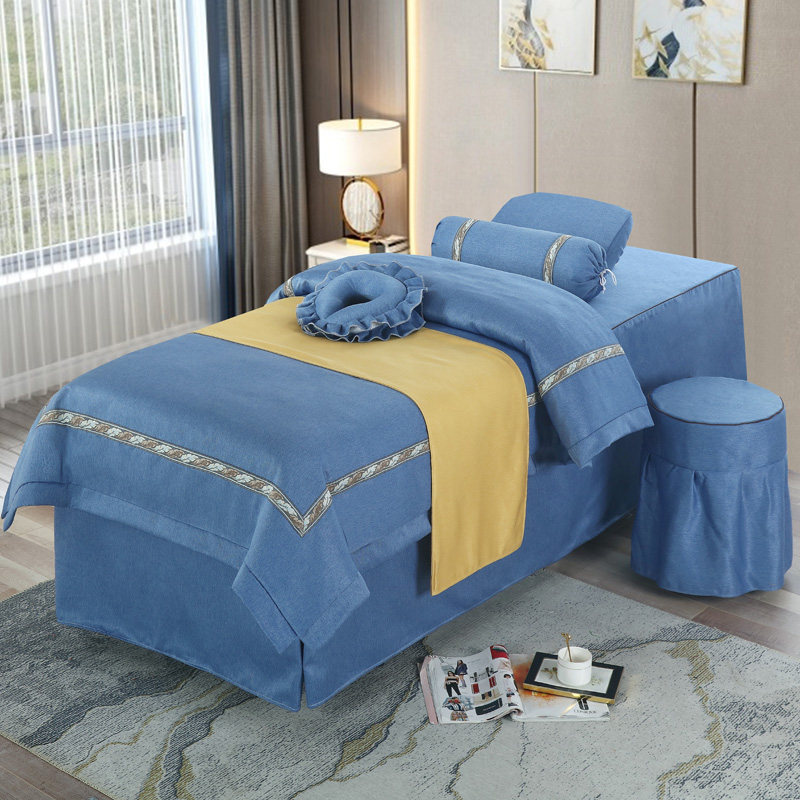 棉麻美容床罩四件套简约纯色按摩床罩欧式高档洗头床罩奢华订logo