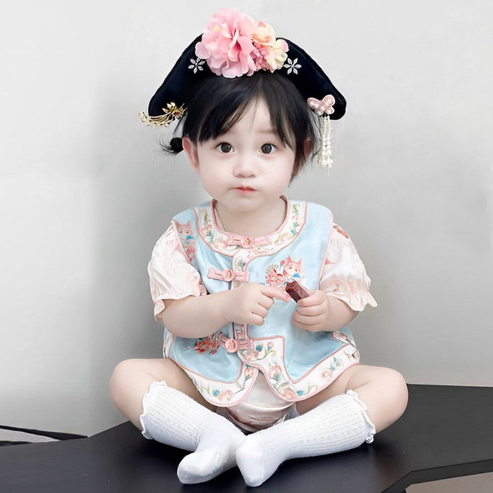 宝宝满月百天礼服包屁衣中国风女宝宝夏款一周岁旗袍婴儿格格服龙