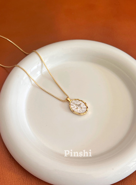 法式高级天然贝母椭圆吊坠项链