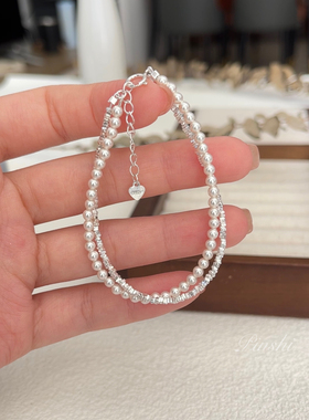 S925银碎银子珍珠精致双层手链