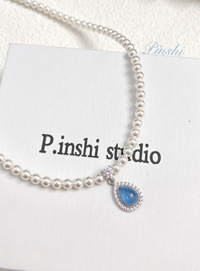 S925银水滴海蓝宝珍珠项链轻奢款