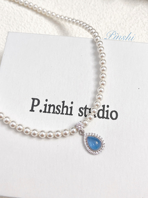S925银水滴海蓝宝珍珠项链轻奢款