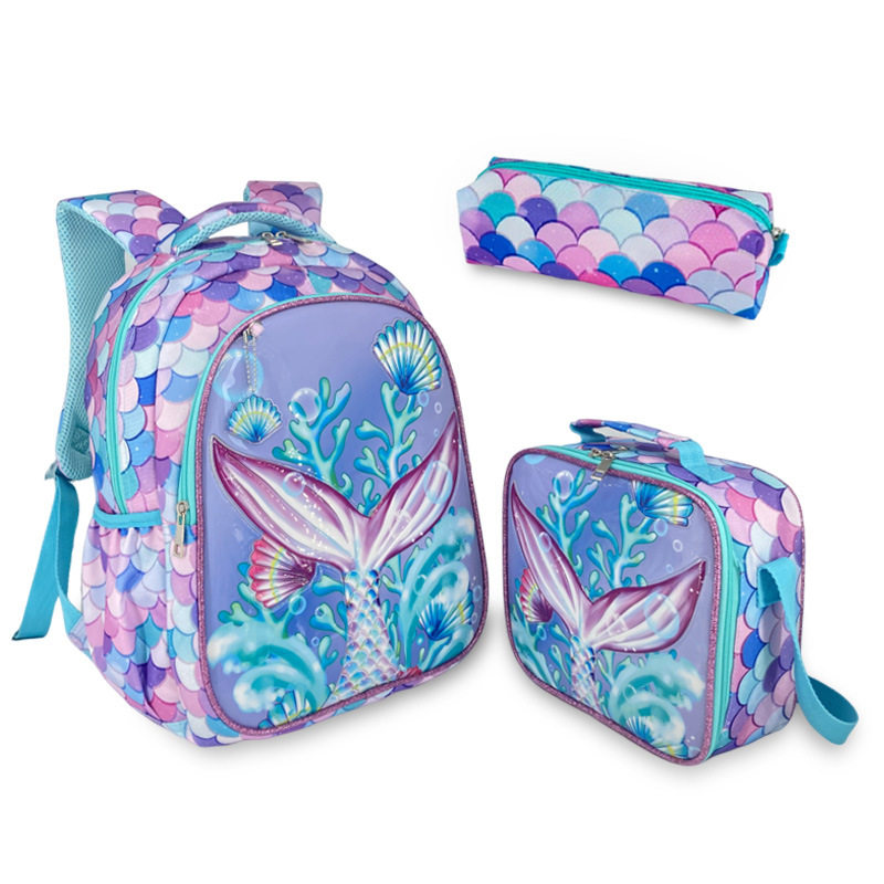 新款可爱卡通小学生通用书包三件套护脊减负儿童背包子母包