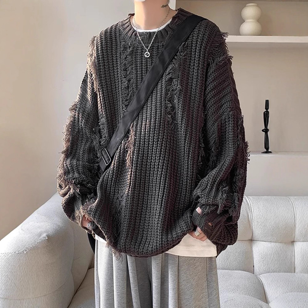 日系破坏毛衣男款2025冬季圆领毛边针织衫潮牌设计感宽松线衫上衣