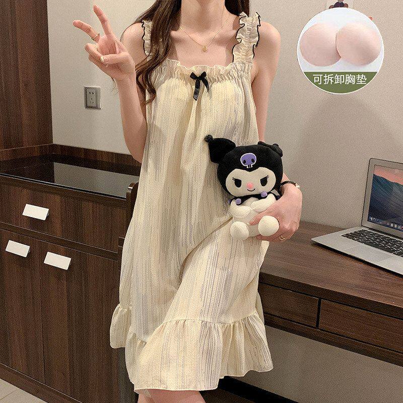 仙女风薄款涤棉吊带睡裙女夏透气可外穿少女家居服无袖方领中长款