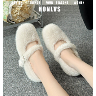 白色水钻加绒内增高毛毛鞋女秋冬外穿2025新款一字带温柔玛丽珍鞋