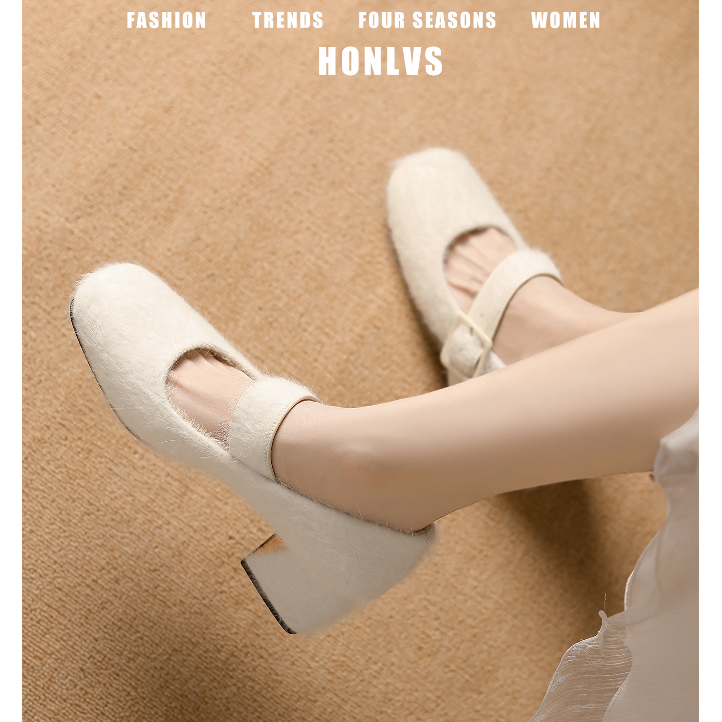 白色玛丽珍毛毛鞋女冬加绒2025新款法式毛绒单鞋一字带高跟鞋粗跟