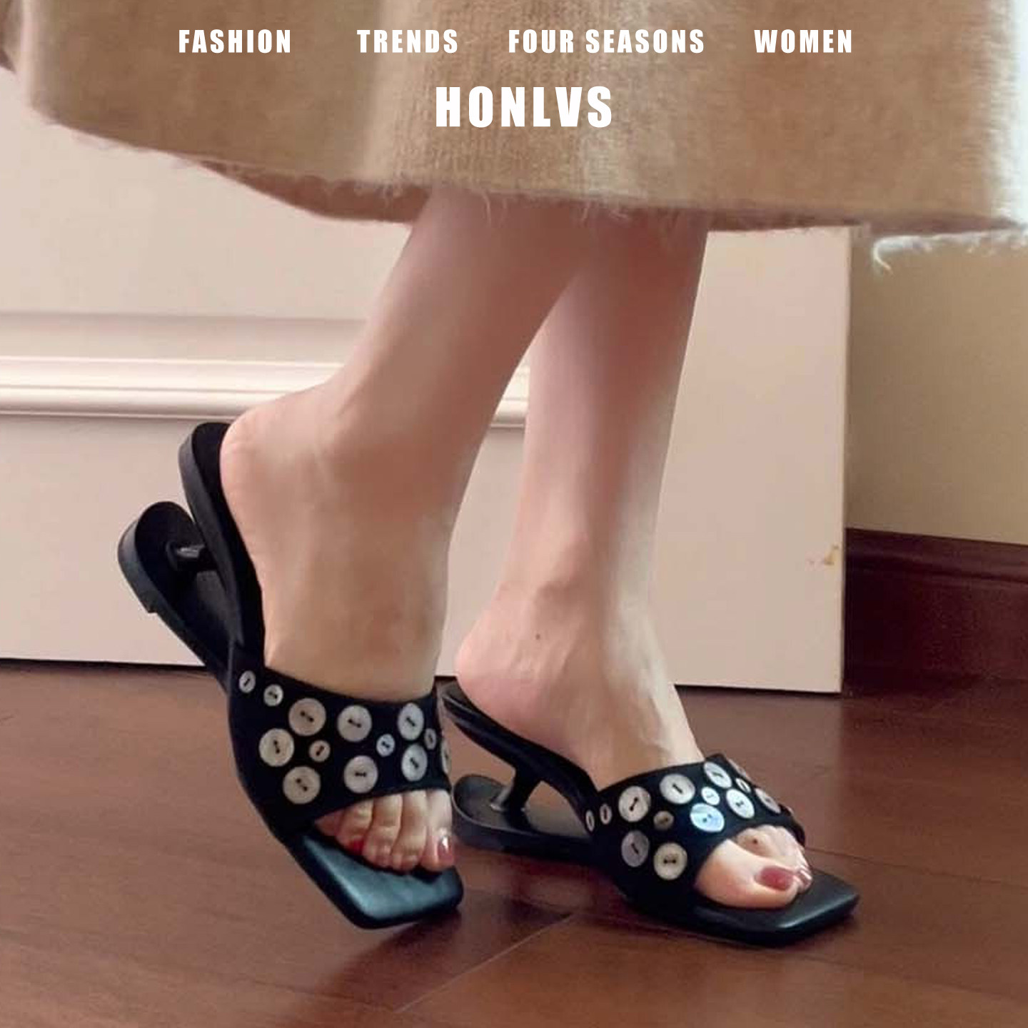气质纽扣黑色方头凉鞋女夏季时尚高级感外穿异形高跟拖鞋2026新款