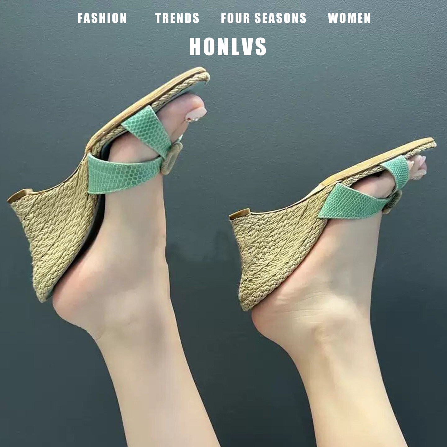 法式绝美绿色露趾高跟凉鞋女夏季气质高级不累脚复古草编坡跟拖鞋