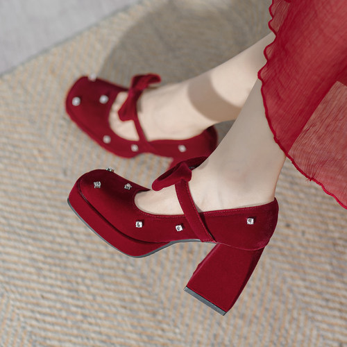 法式防水台高跟鞋女红色