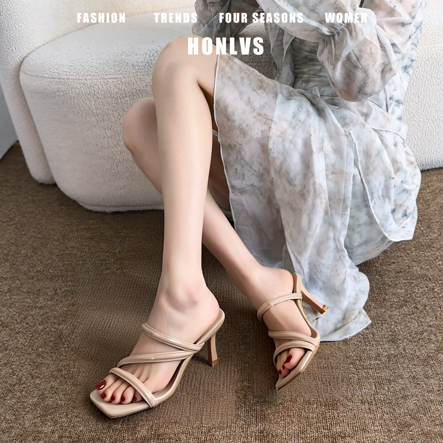 高级感裸色气质凉鞋女细带夏季外穿法式绝美方头高跟拖鞋2026新款