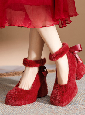 法式红色玛丽珍毛毛鞋女外穿粗跟婚鞋2025新款一字扣加绒高跟单鞋