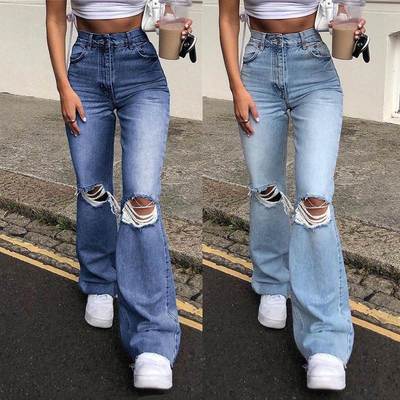 Fashion women knee ripped Jeans 2022 Casual flared trousers
