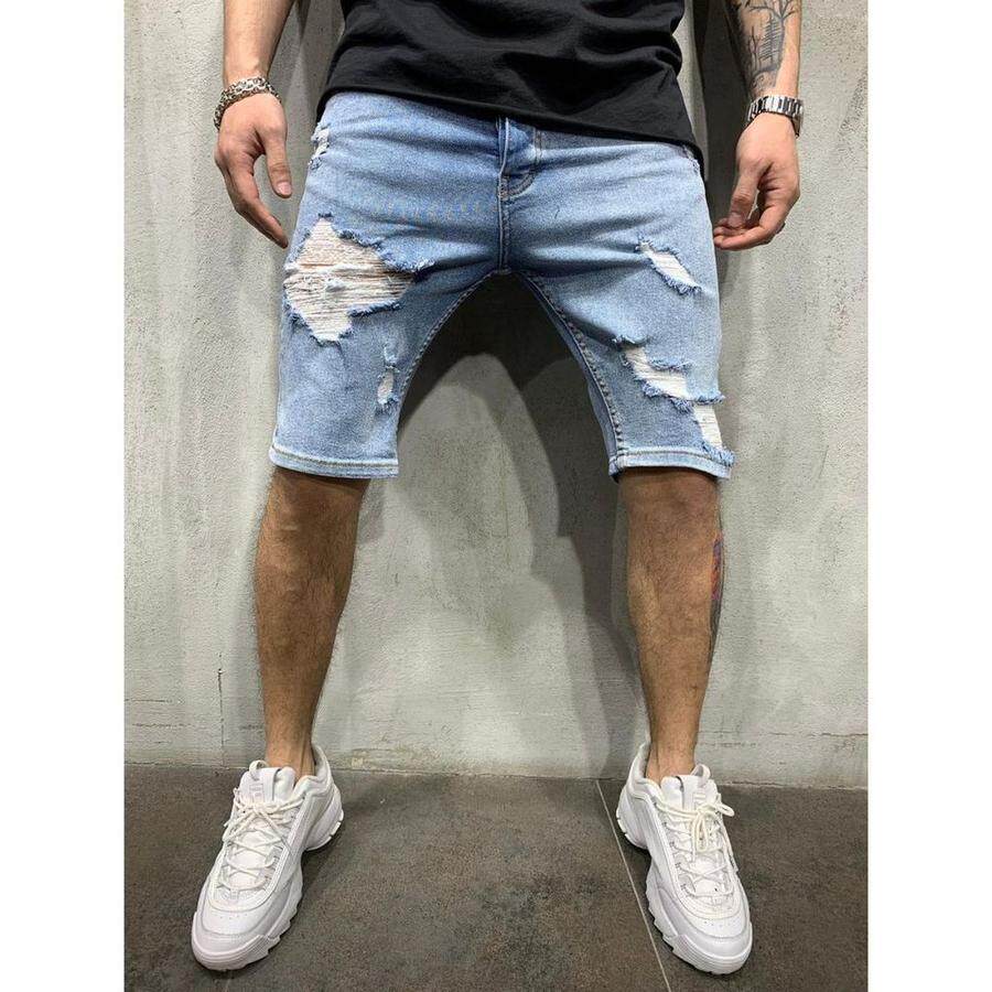 2026 men clotheswish热卖破洞牛仔短裤欧美白色紧身中裤 潮流男