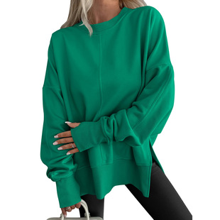 women clothes欧美跨境TEMU宽松卫衣侧边开叉拼接圆领蝙蝠袖加绒