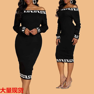 速卖通通勤OL黑色一字领露肩修身时尚印花中长款长袖连衣裙DRESS