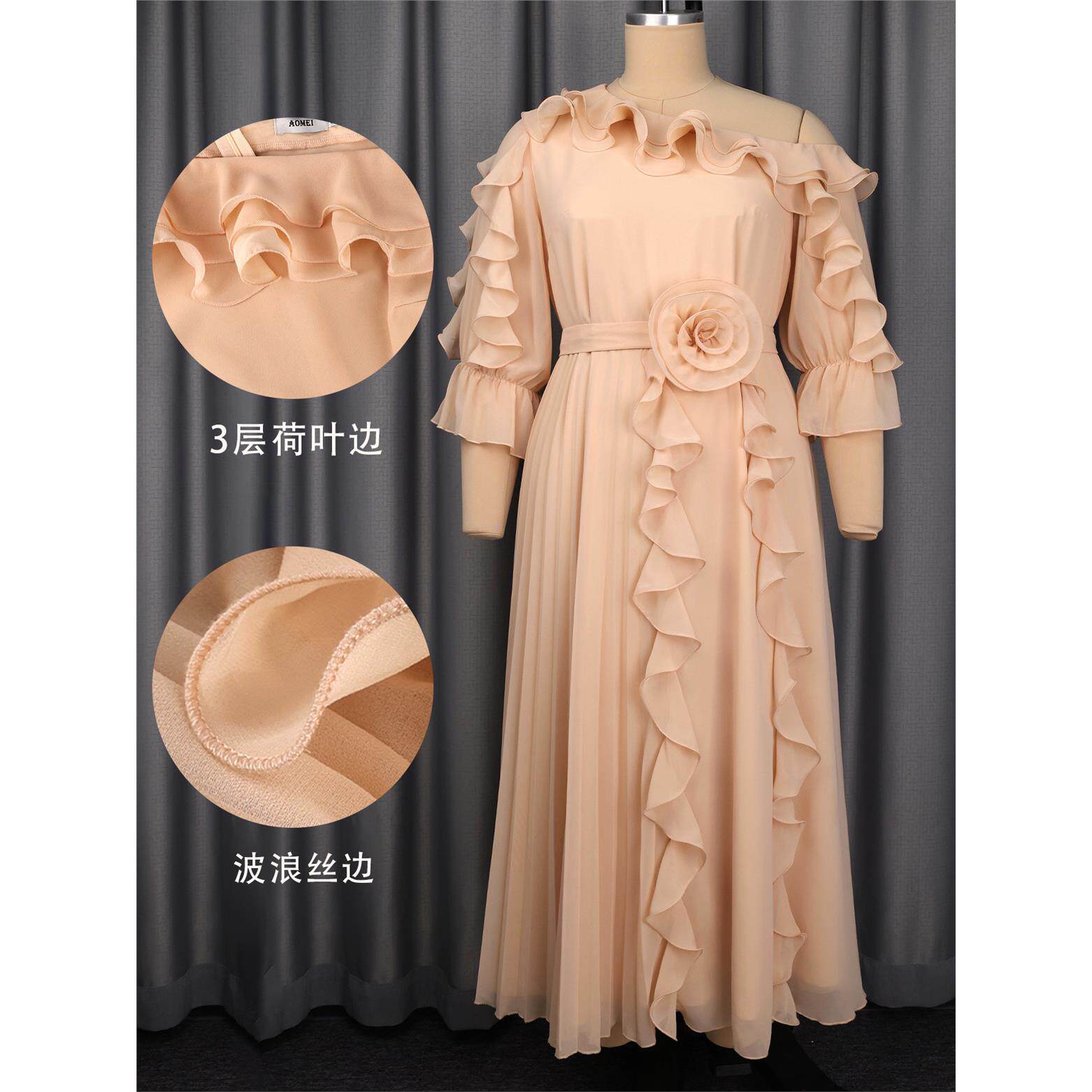 women clothes大码女士优雅香槟色雪纺晚礼服 露肩荷叶边袖 花朵