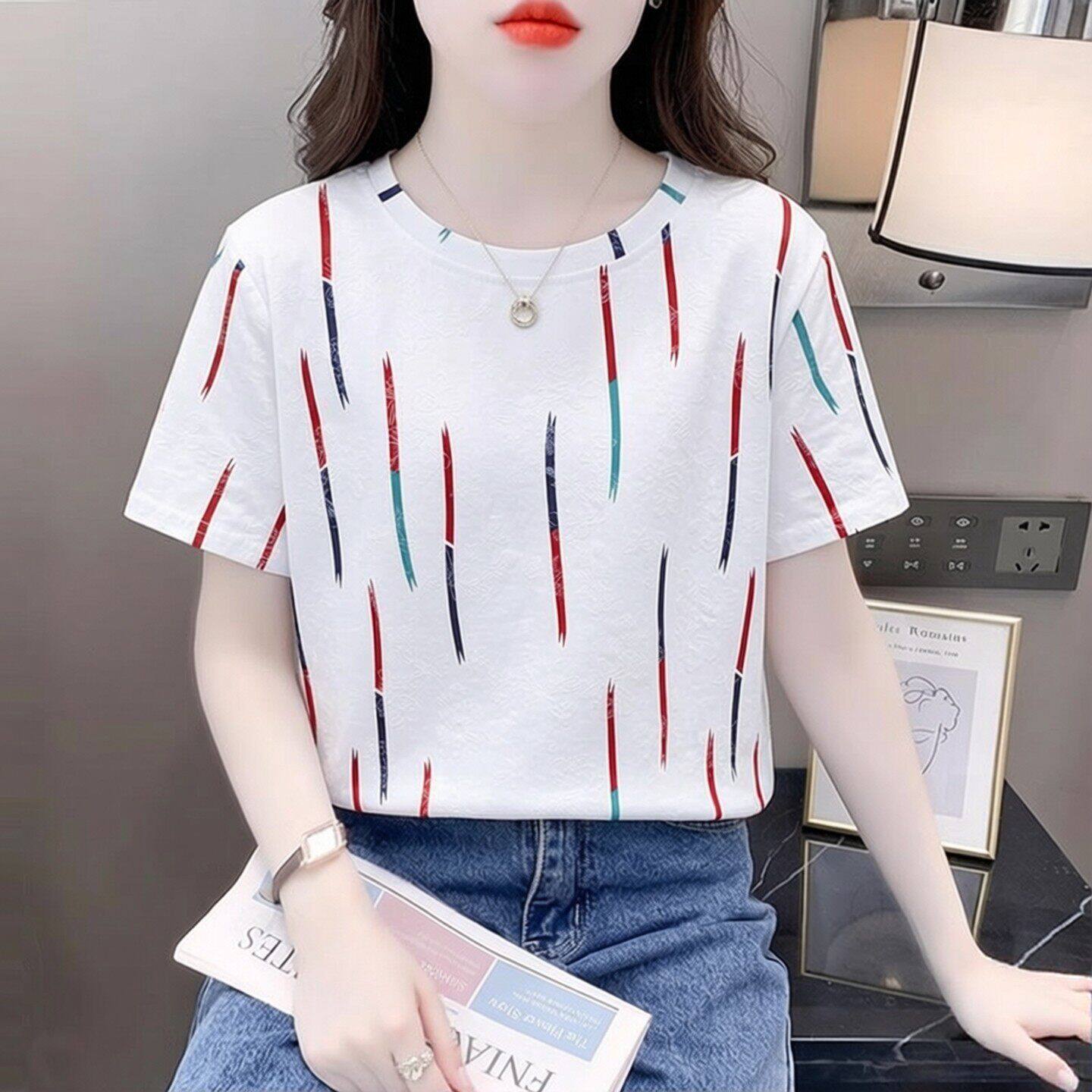 时尚纯棉短袖女t恤夏季正肩女士上衣2026新款设计感印花体恤衫夏