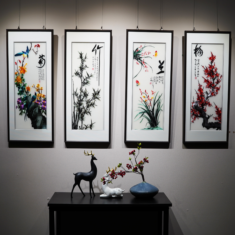四君子梅兰竹菊手工苏绣刺绣画四条屏挂画大墙面客厅装饰画包安装图片