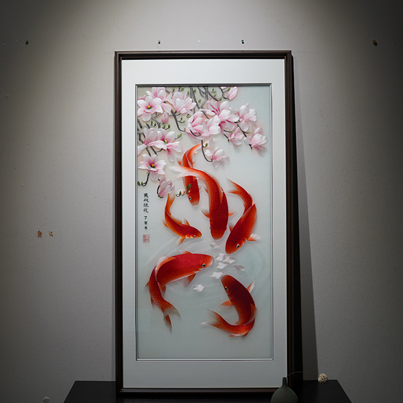新中式手工苏绣装饰画客厅书房卧室走廊过道玄关鱼戏琼花包挂画图片