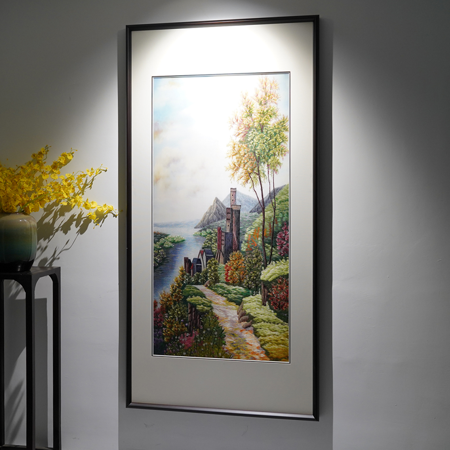 现代大幅手工苏绣城堡装饰画书房卧室客厅非遗刺绣成品实木框挂画图片