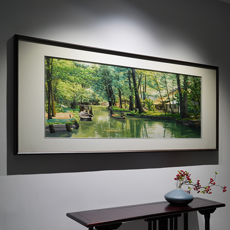 赶集手工苏绣装饰画书房卧室客厅乔迁礼品油画风格实木框刺绣挂画图片