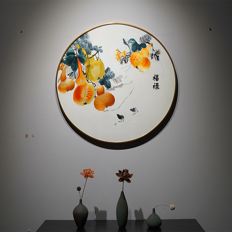 新中式手工苏绣福禄圆形刺绣装饰画书房客厅玄关入户高端成品挂画图片