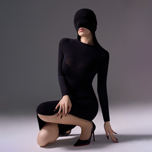 天鹅绒连体长裙丝袜五指袜带头套紧身连衣裙丝袜Cos性感全包臀裙