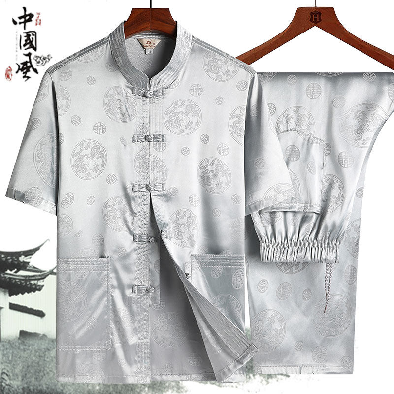 夏天爸爸薄款半袖桑蚕丝衣服唐装