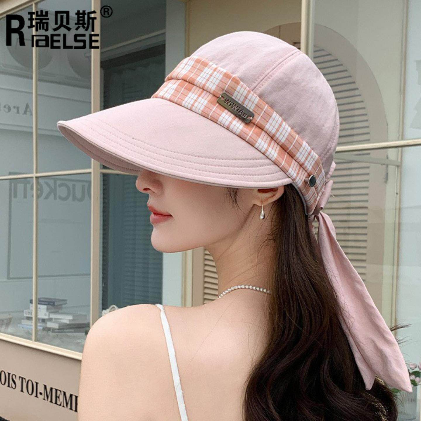 时尚格子绑带鸭舌帽子女士春夏季挂口罩防晒渔夫帽户外出游百搭帽