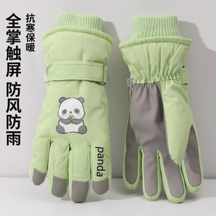 亲子可爱熊猫滑雪触屏手套女冬季加厚绒骑行电瓶车抗寒保暖防风雨
