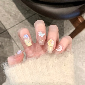 夏日多巴胺穿戴甲蝴蝶星星月亮彩钻渐变超闪温柔系美甲成品穿戴式