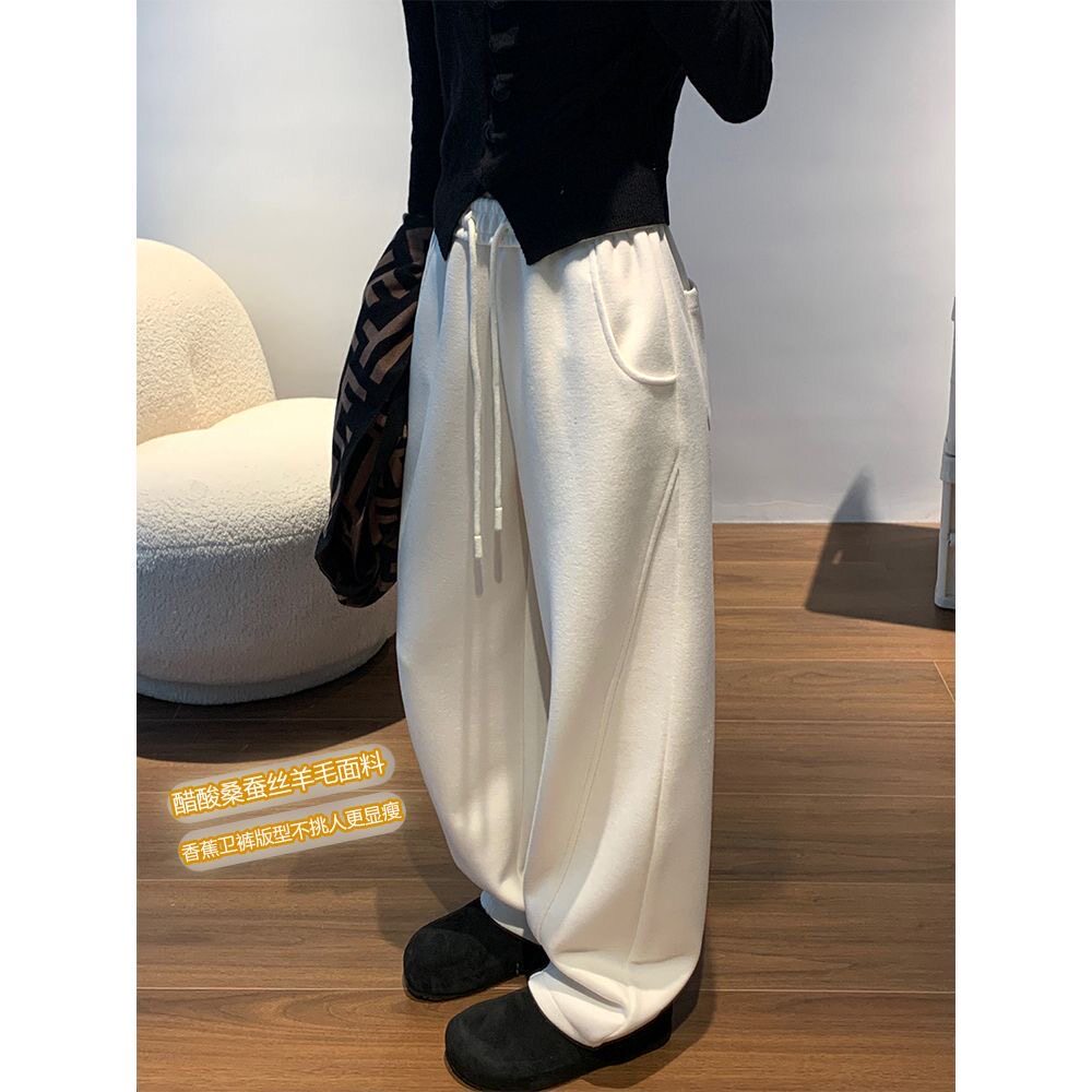 美式大码香蕉白色阔腿裤女秋冬新款加绒加厚宽松糯米弯镰刀长裤潮