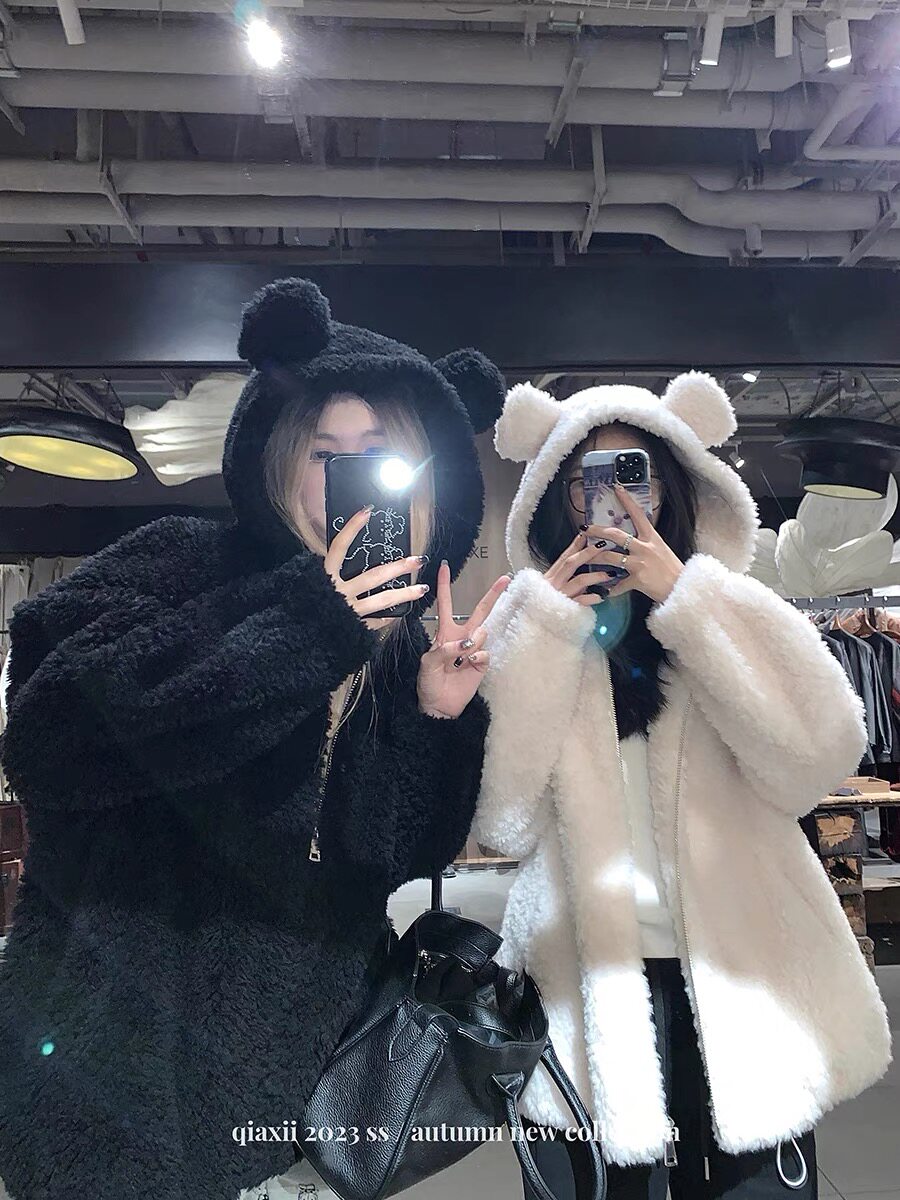 小熊连帽长袖外套女秋冬保暖宽松休闲软糯慵懒风羊羔毛开衫上衣潮